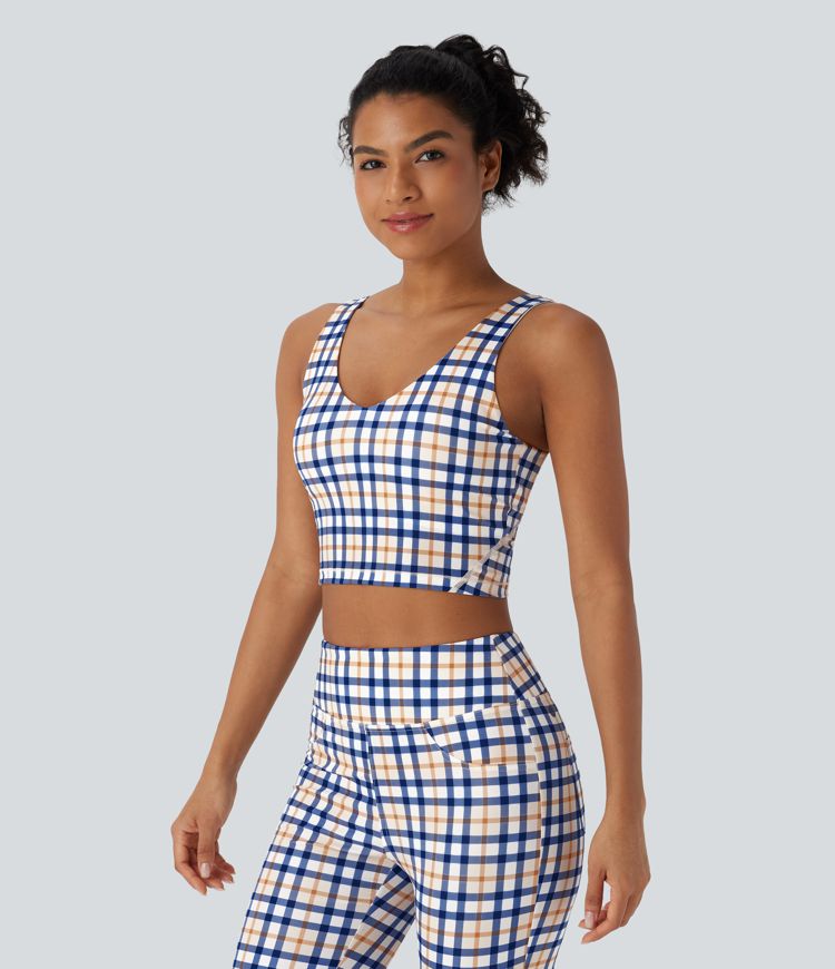 V Neck Plaid Cool Touch Cropped Yoga Tank Top