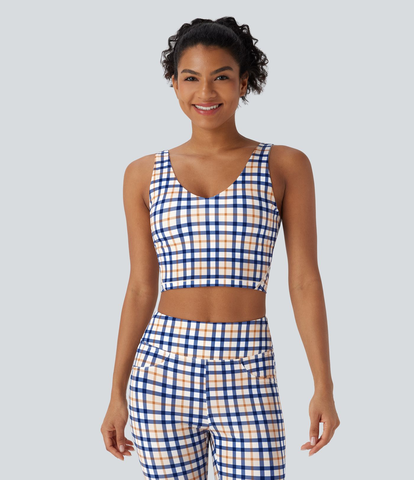 V Neck Plaid Cool Touch Cropped Yoga Tank Top