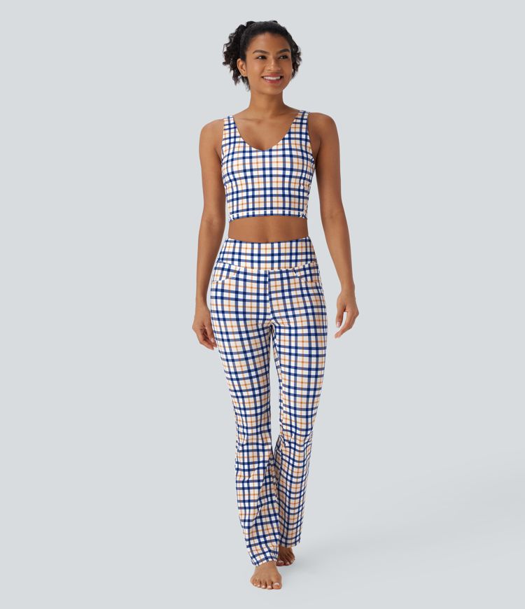 V Neck Plaid Cool Touch Cropped Yoga Tank Top