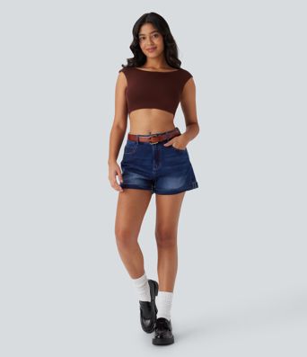 Halara Flex™ Mid Rise Zipper Pockets Denim Casual Shorts 3''