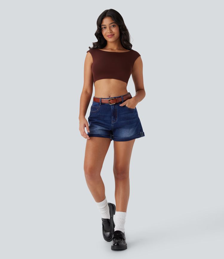 Halara Flex™ Mid Rise Zipper Pockets Denim Casual Shorts 3''