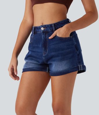 Halara Flex™ Mid Rise Zipper Pockets Denim Casual Shorts 3''