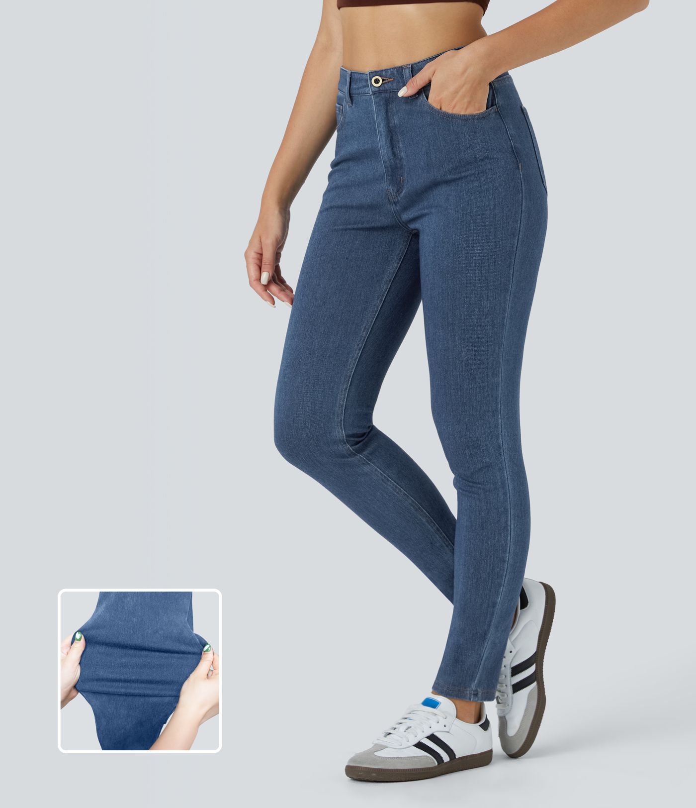 Halara Flex™ Jean Slim Taille Haute avec Bouton Fermeture Éclair Tricot Extensible Multipoches