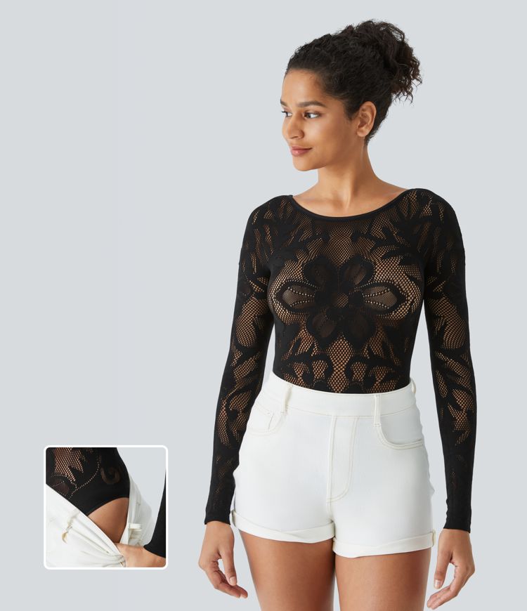 Seamless Flow Boat Neck Long Sleeve Cut Out Casual Bodysuit