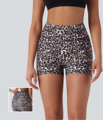 High Waisted Leopard Print Yoga Biker Shorts 3'' with Pockets
