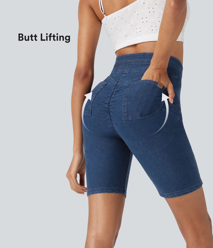 Halara Flex™ High Waisted Butt Lifting Stretchy Knit Denim Casual Biker Shorts with Pockets