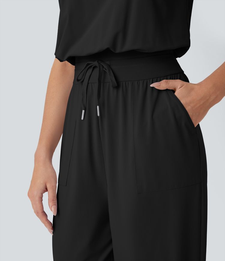 Combinaison de yoga col bateau sans manches dos nu avec découpes et poches latérales à cordon de serrage toucher frais - Protection UPF50+