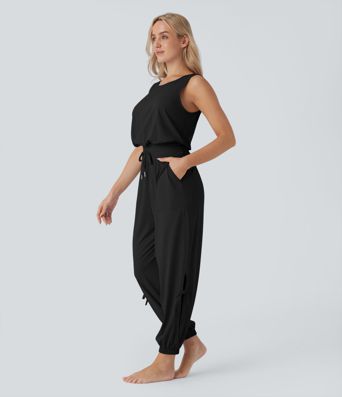 Sleeveless Cut Out Drawstring Pocket  Yoga Jumpsuit-UPF50+