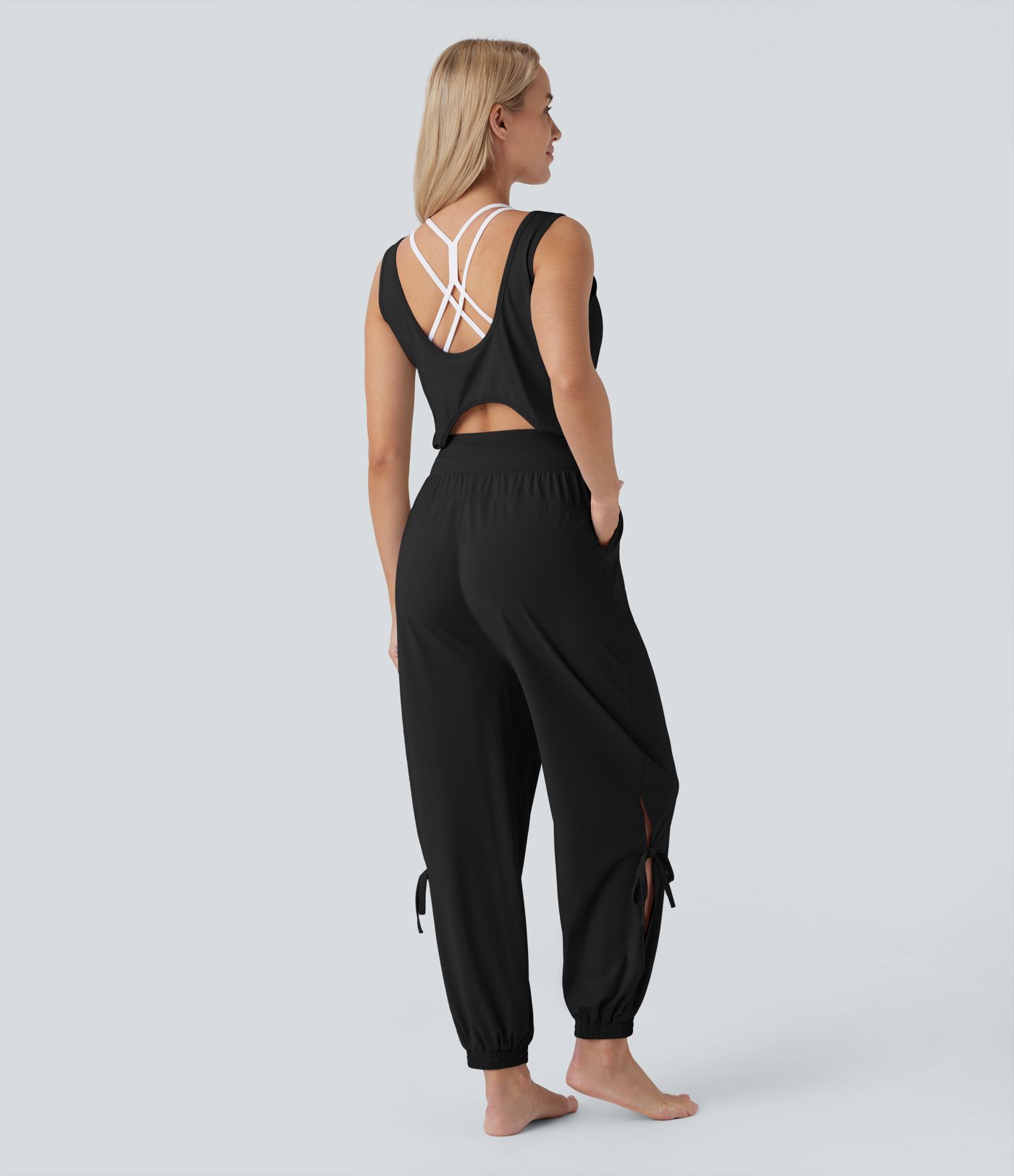 Sleeveless Cut Out Drawstring Pocket  Yoga Jumpsuit-UPF50+