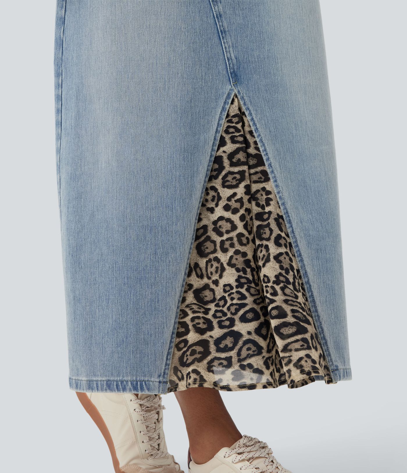 Jupe denim mi-longue Halara Flex™ évasée taille mi-haute mesh léopard contrastant avec poches