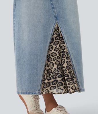 Jupe denim mi-longue Halara Flex™ évasée taille mi-haute mesh léopard contrastant avec poches