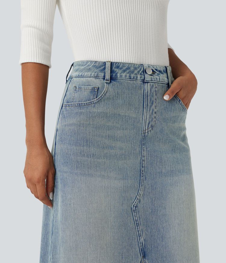 Halara Flex™ Mid Rise Contrast Leopard Mesh Midi Denim Casual A-line Skirt with Pockets