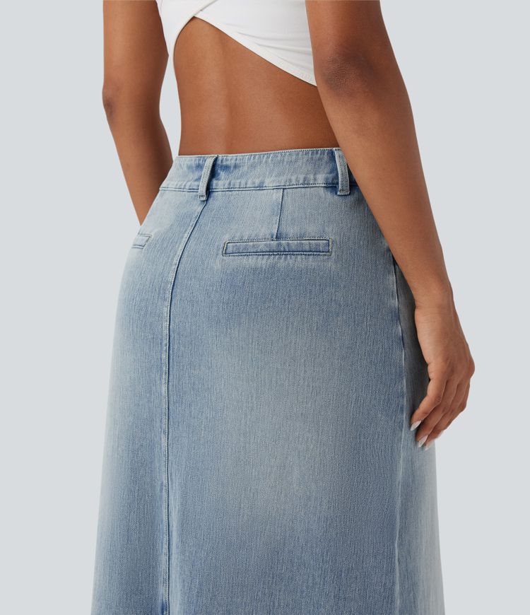 Jupe denim mi-longue Halara Flex™ évasée taille mi-haute mesh léopard contrastant avec poches
