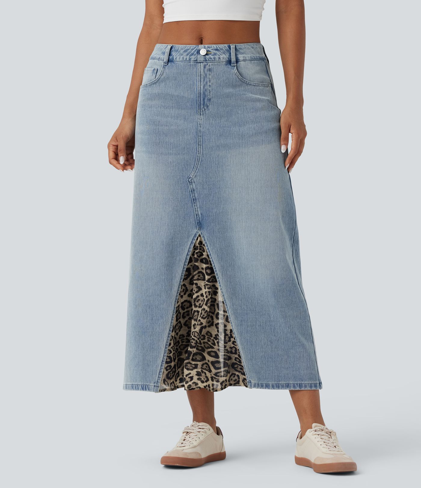 Jupe denim mi-longue Halara Flex™ évasée taille mi-haute mesh léopard contrastant avec poches