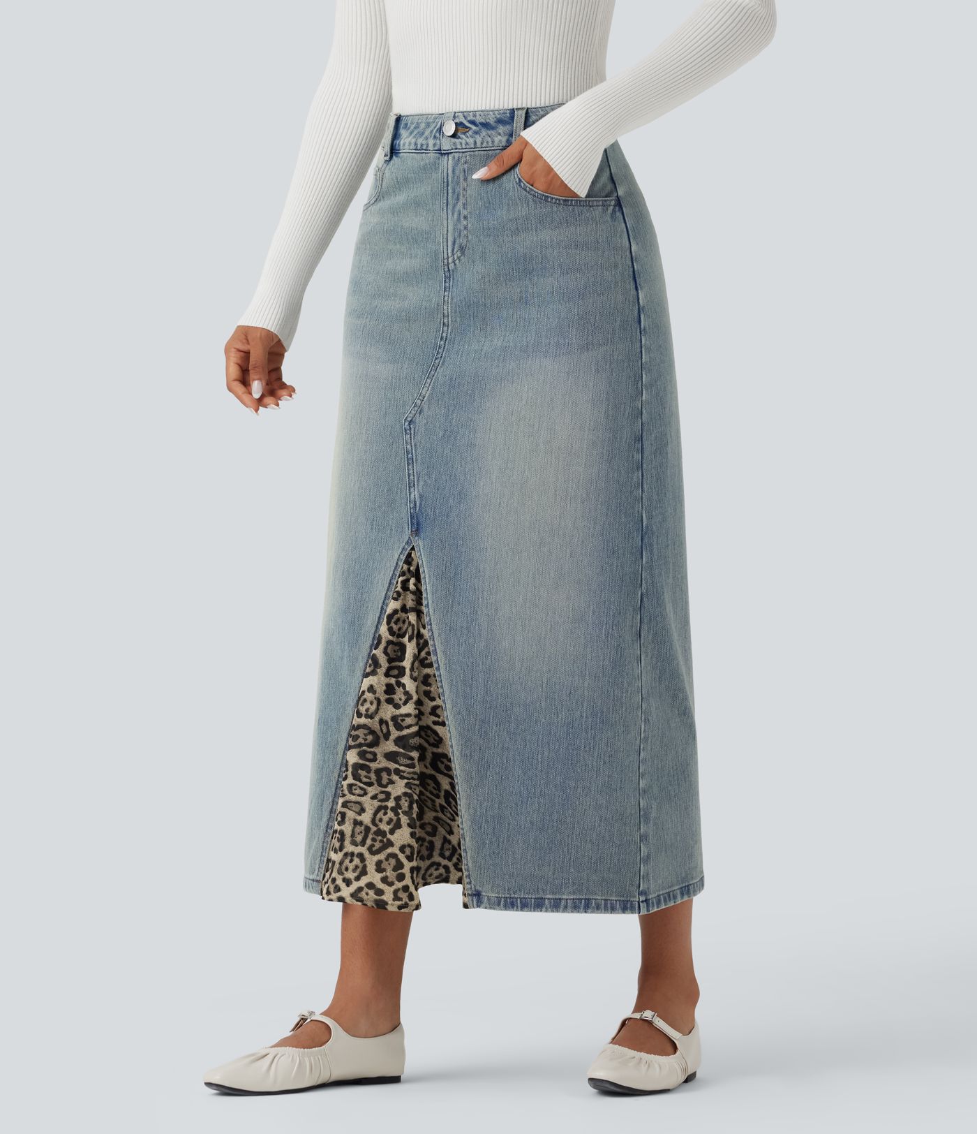 Jupe denim mi-longue Halara Flex™ évasée taille mi-haute mesh léopard contrastant avec poches