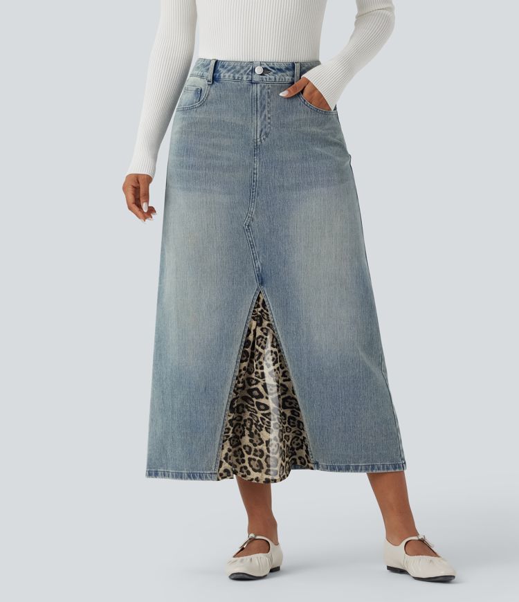 Halara Flex™ Mid Rise Contrast Leopard Mesh Midi Denim Casual A-line Skirt with Pockets