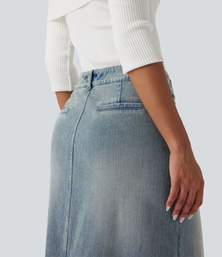 Halara Flex™ Mid Rise Contrast Leopard Mesh Midi Denim Casual A-line Skirt with Pockets