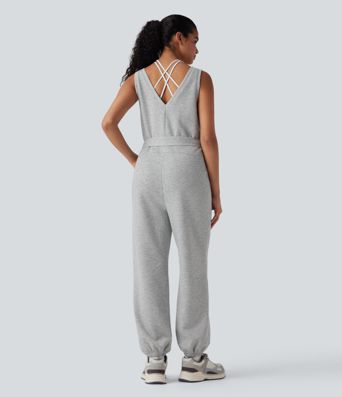 V-neck Sleeveless Belted Workout Jumpsuit with Pockets