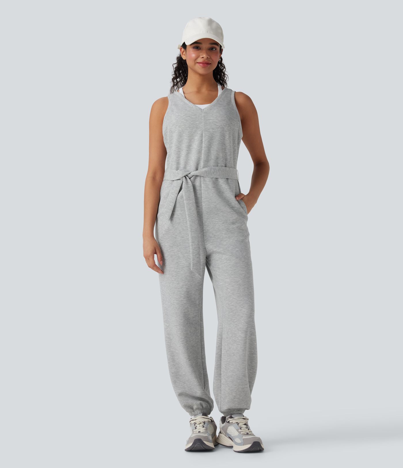 V-neck Sleeveless Belted Workout Jumpsuit with Pockets