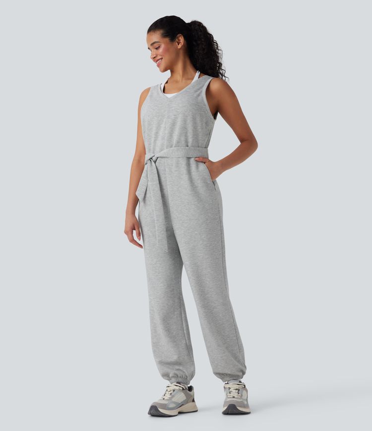 V-neck Sleeveless Belted Workout Jumpsuit with Pockets