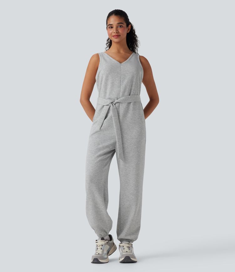 V-neck Sleeveless Belted Workout Jumpsuit with Pockets