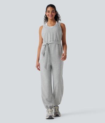 V-neck Sleeveless Belted Workout Jumpsuit with Pockets