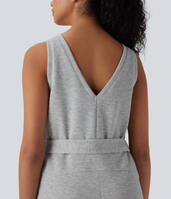 V-neck Sleeveless Belted Workout Jumpsuit with Pockets