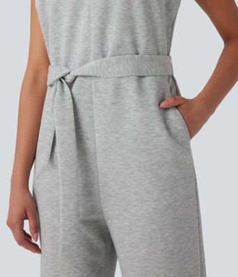 V-neck Sleeveless Belted Workout Jumpsuit with Pockets