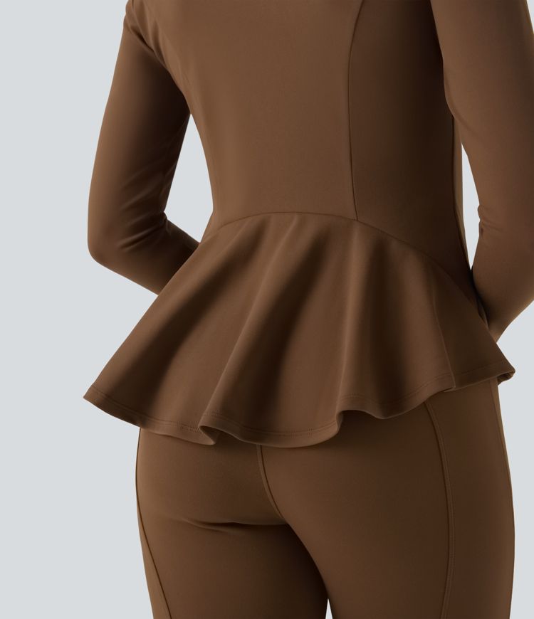 Stand Collar Zipper Thumb Hole Ruffle Hem Slim Jacket with Pockets