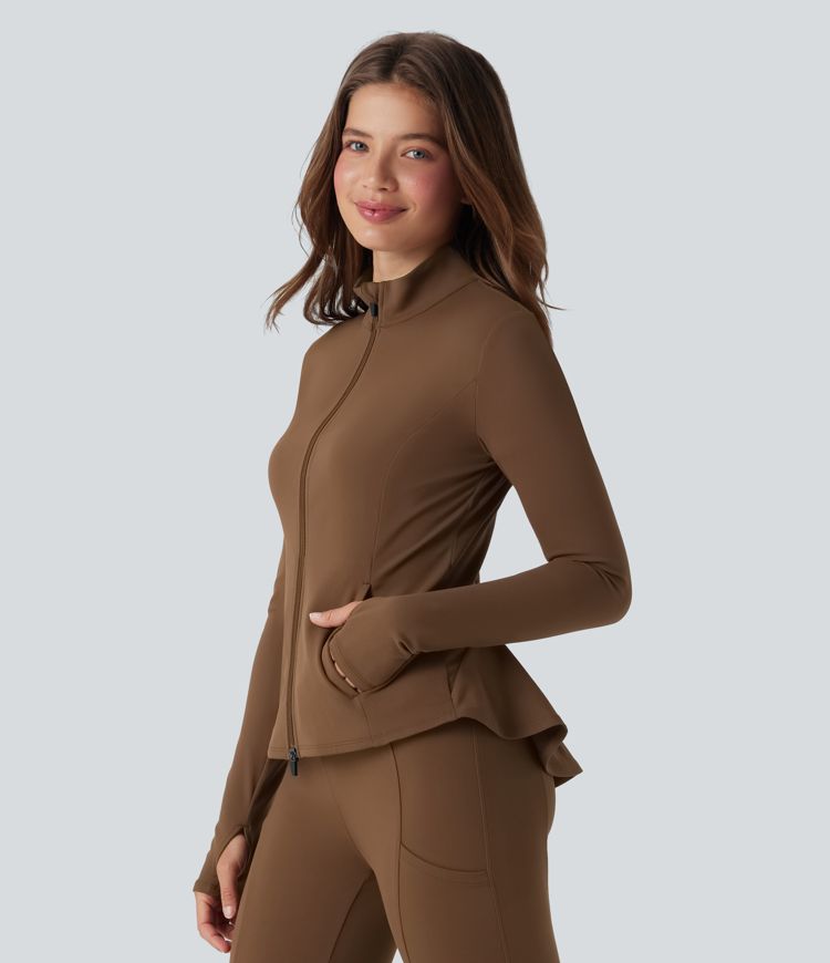 Stand Collar Zipper Thumb Hole Ruffle Hem Slim Jacket with Pockets