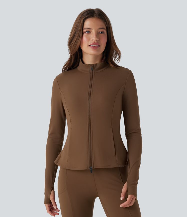 Stand Collar Zipper Thumb Hole Ruffle Hem Slim Jacket with Pockets