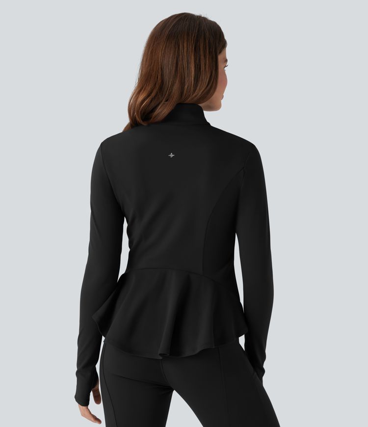 DayStretch Stand Collar Zipper Thumb Hole Ruffle Hem Slim Jacket with Pockets