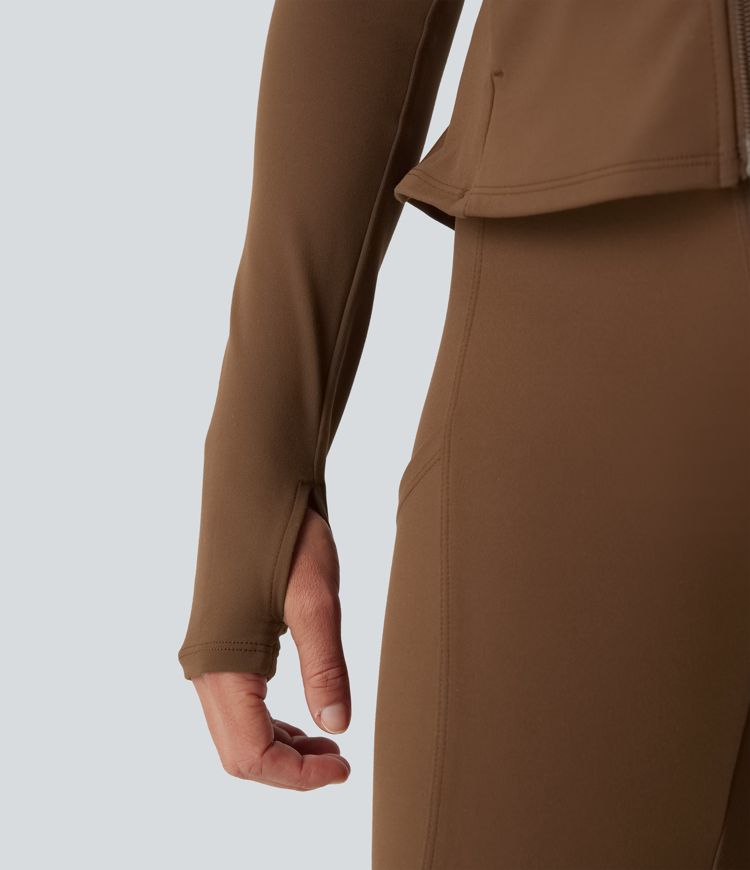 Stand Collar Zipper Thumb Hole Ruffle Hem Slim Jacket with Pockets