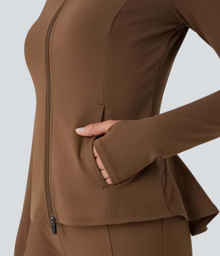 Stand Collar Zipper Thumb Hole Ruffle Hem Slim Jacket with Pockets