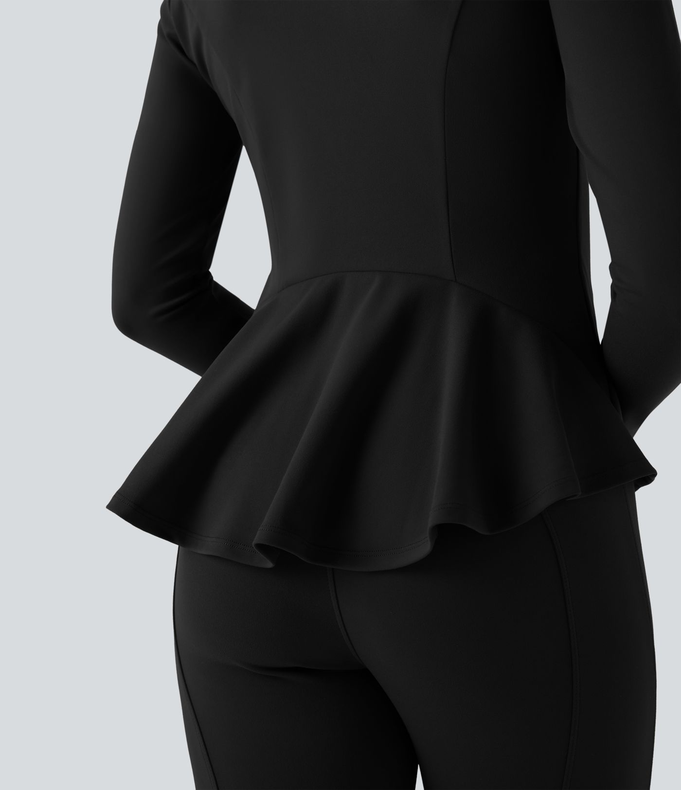 DayStretch Stand Collar Zipper Thumb Hole Ruffle Hem Slim Jacket with Pockets