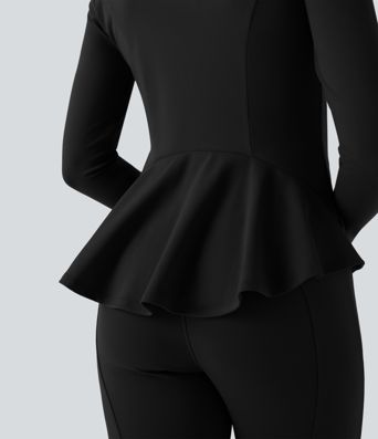 DayStretch Stand Collar Zipper Thumb Hole Ruffle Hem Slim Jacket with Pockets