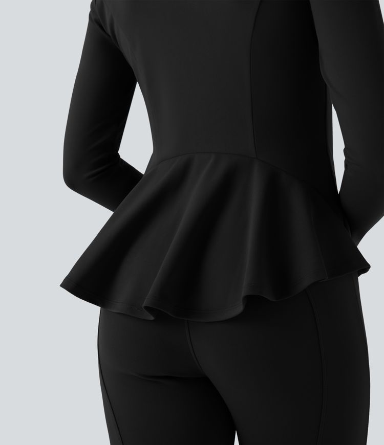 DayStretch Stand Collar Zipper Thumb Hole Ruffle Hem Slim Jacket with Pockets