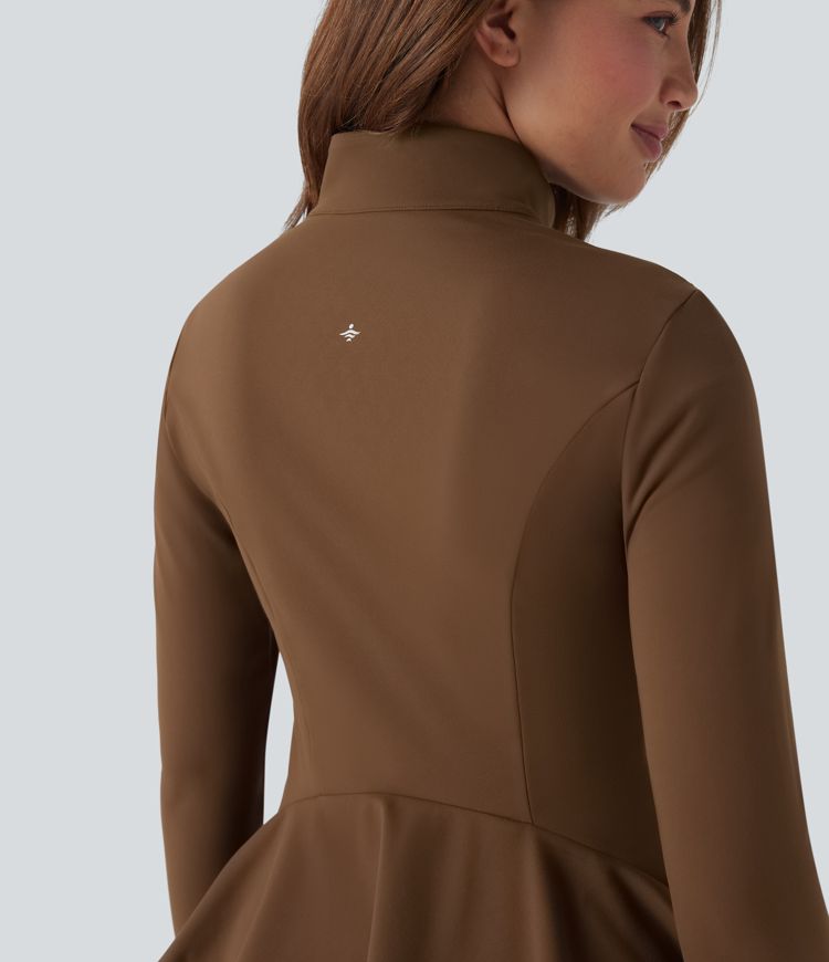 Stand Collar Zipper Thumb Hole Ruffle Hem Slim Jacket with Pockets