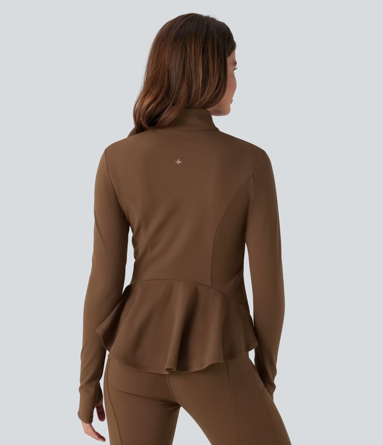 Stand Collar Zipper Thumb Hole Ruffle Hem Slim Jacket with Pockets