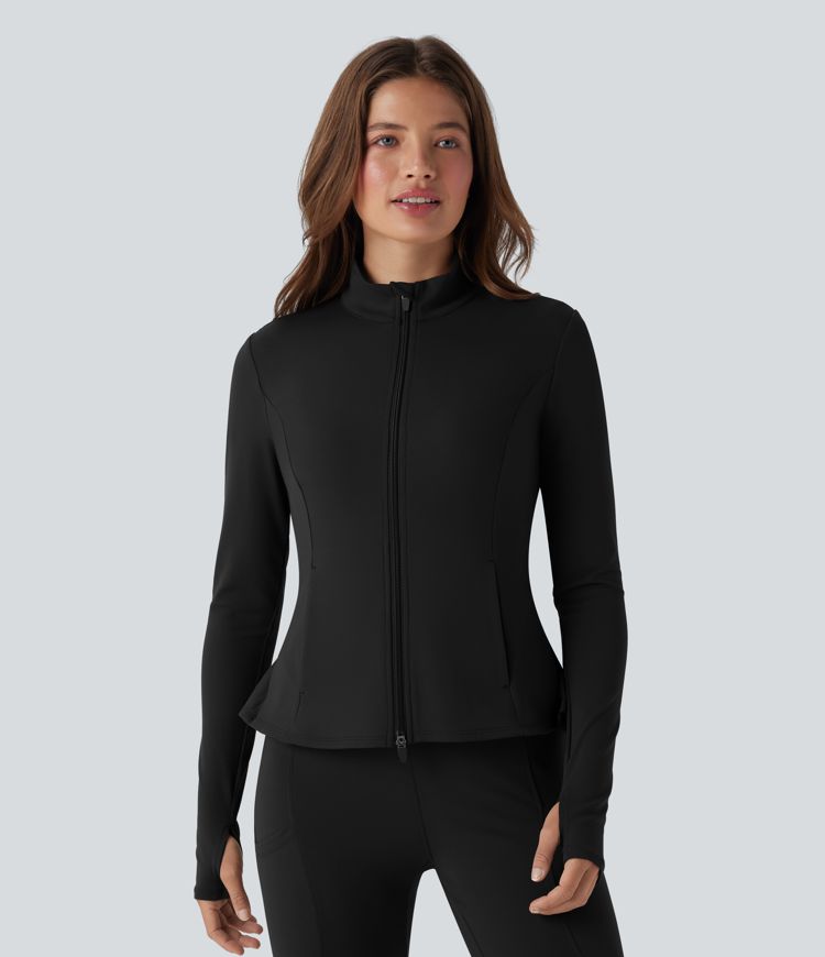 Stand Collar Zipper Thumb Hole Ruffle Hem Slim Jacket with Pockets