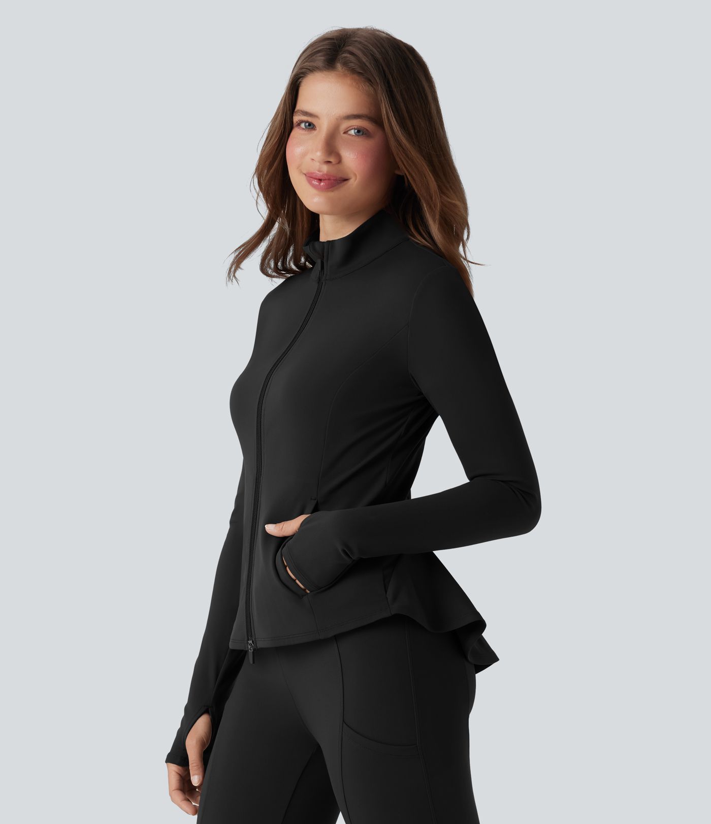 DayStretch Stand Collar Zipper Thumb Hole Ruffle Hem Slim Jacket with Pockets