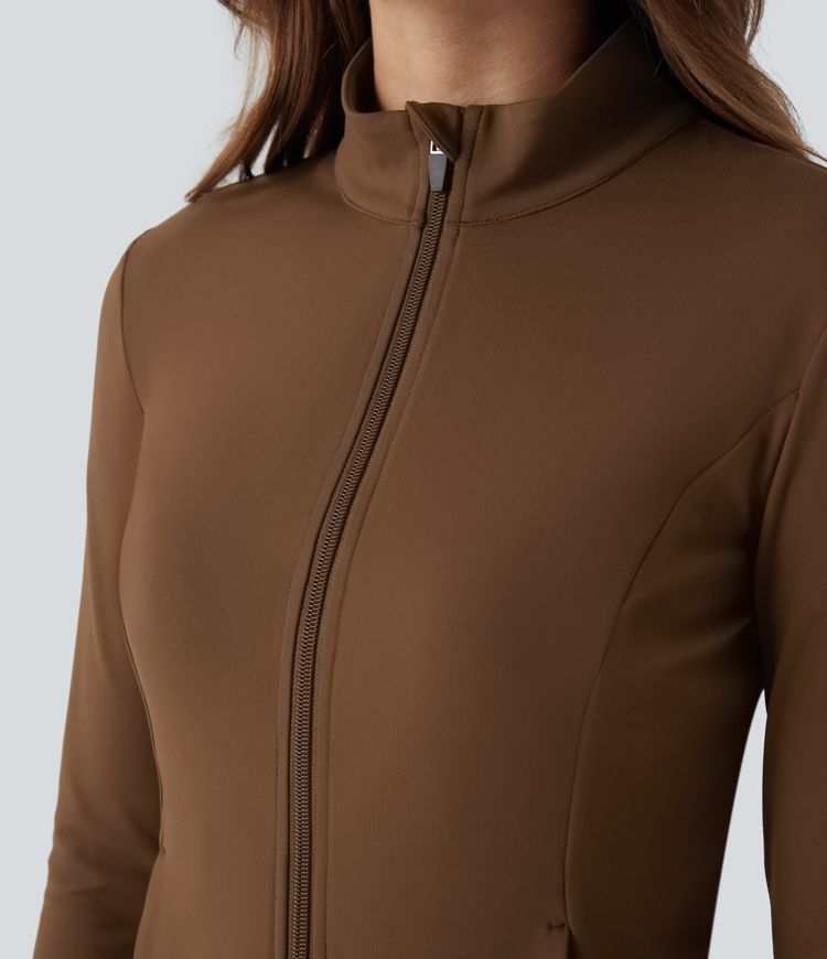 Stand Collar Zipper Thumb Hole Ruffle Hem Slim Jacket with Pockets