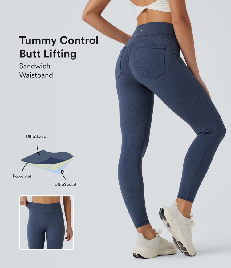 Halara UltraSculpt™ Denim Print SoCinched High Waisted Tummy Control Butt Lifting Yoga Leggings with Pockets