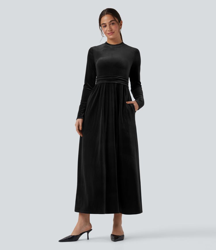 Robe longue en velours col montant manches longues avec poches