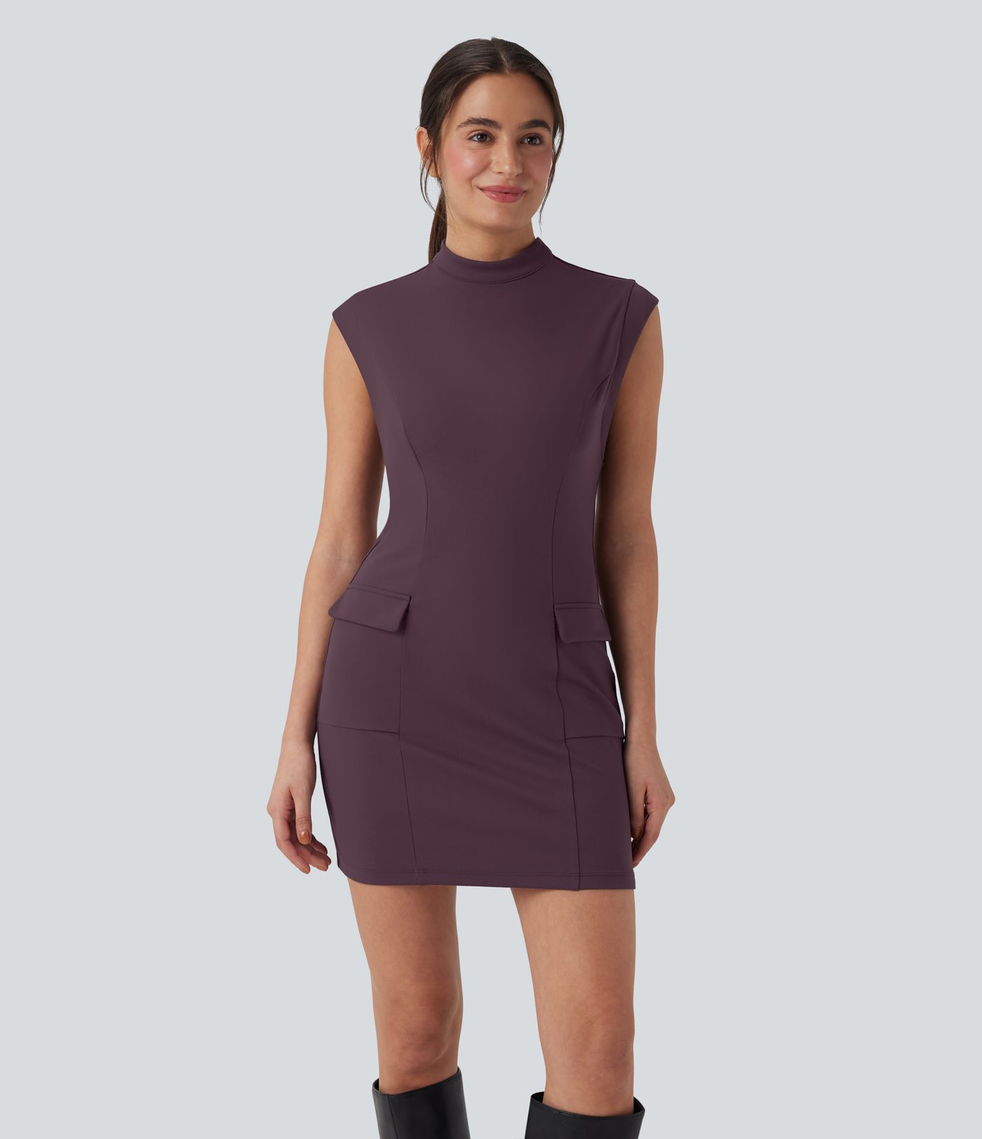 DayStretch Mock Neck Sleeveless Bodycon Mini Work Dress with Pockets