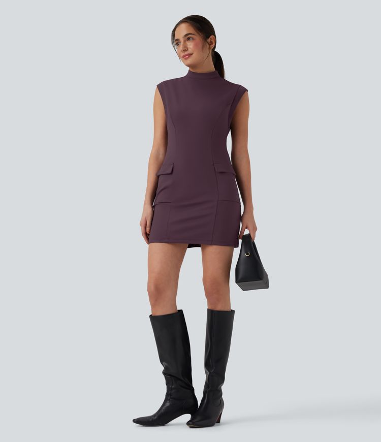 DayStretch Mock Neck Sleeveless Bodycon Mini Work Dress with Pockets