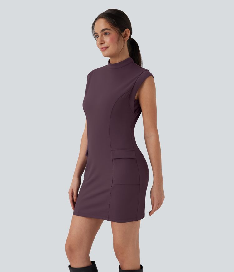 DayStretch Mock Neck Sleeveless Bodycon Mini Work Dress with Pockets