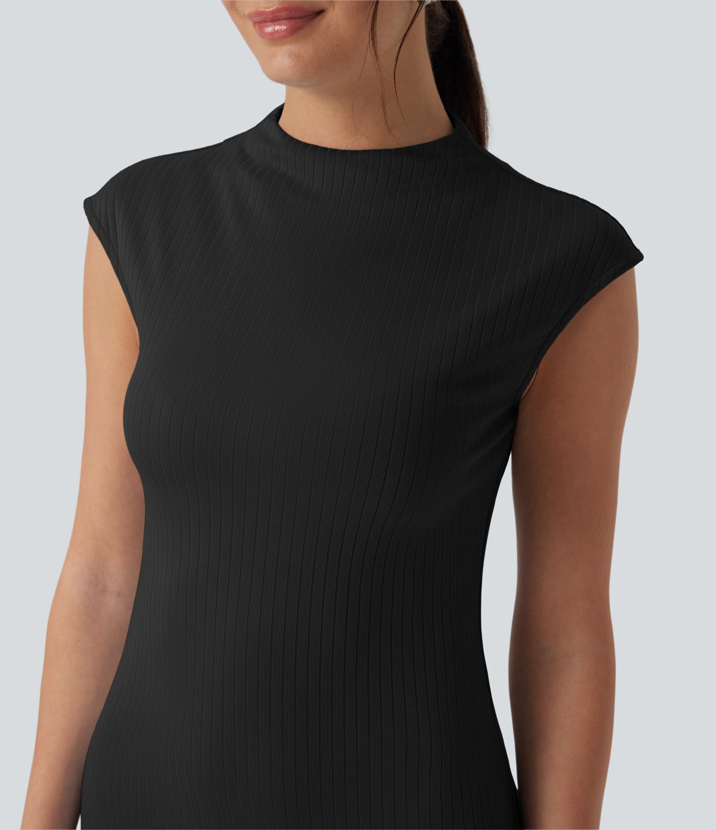 Ribbed Knit Mock Neck Cap Sleeve Bodycon Midi Casual Dress