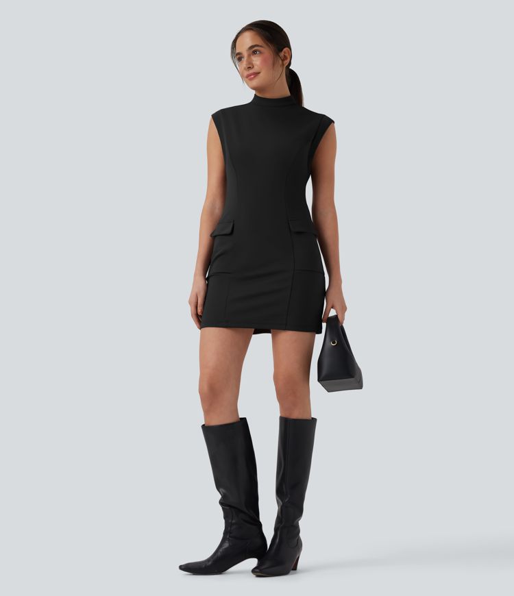 DayStretch Mock Neck Sleeveless Bodycon Mini Work Dress with Pockets