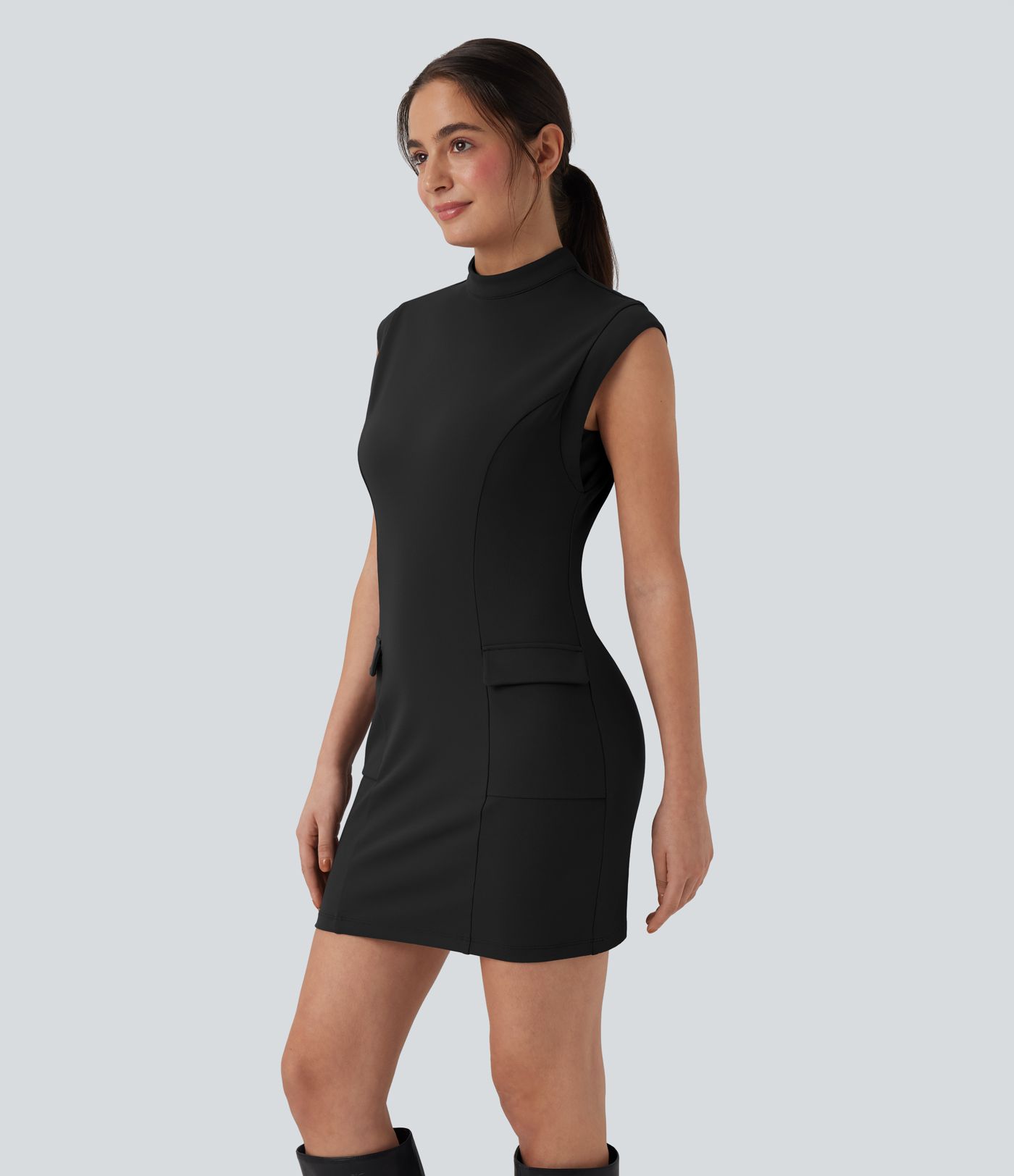 DayStretch Mock Neck Sleeveless Bodycon Mini Work Dress with Pockets